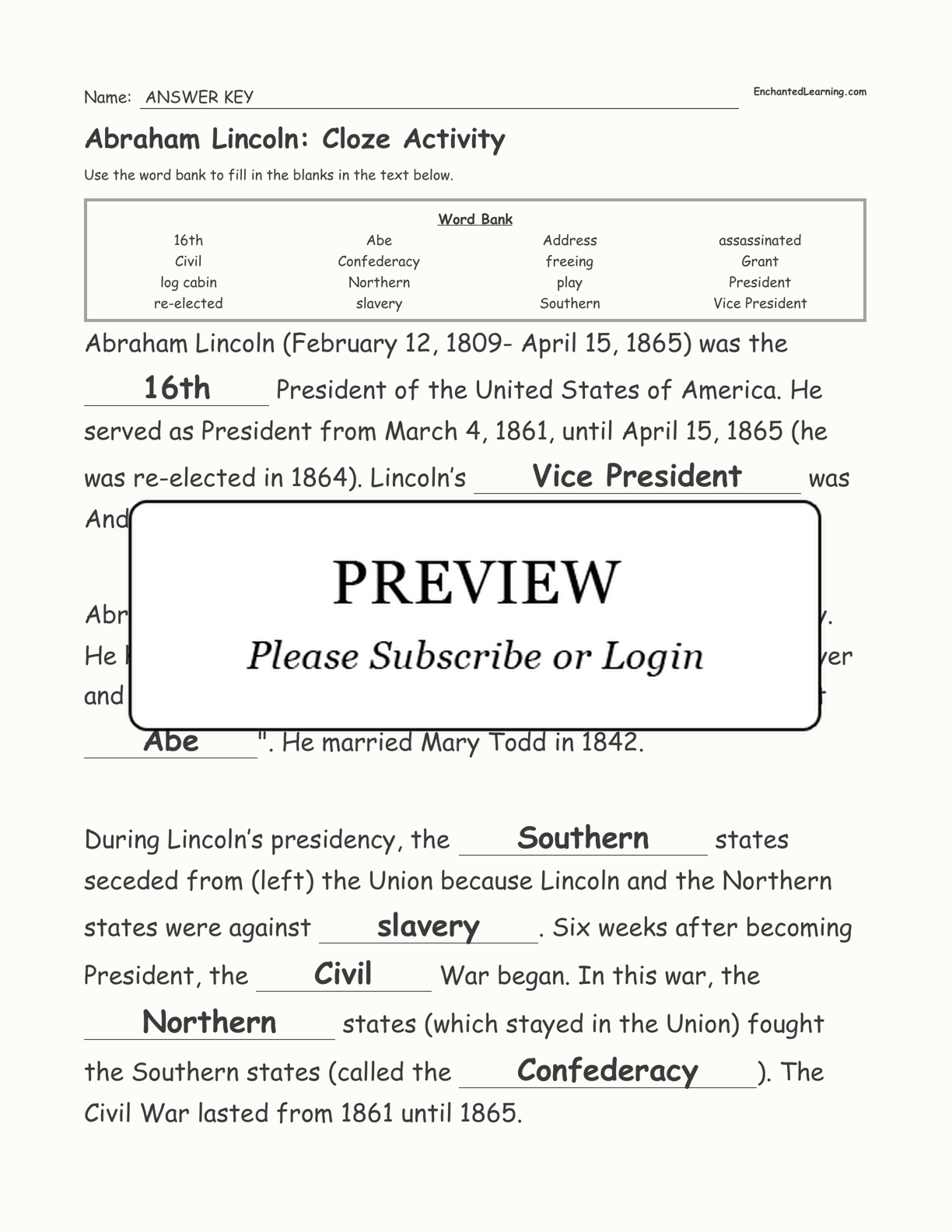 Abraham Lincoln: Cloze Activity interactive worksheet page 3